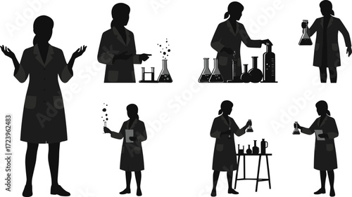 scientist, researcher, laboratory, experiment, chemistry, science, professional, lab coat, flask, beaker, test tube, cylinder, icon, vector, illustration, black, white, study, analysis, staff, design