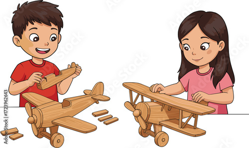 Happy children building wooden toy airplanes, boy and girl assembling model planes, fun learning activity, cartoon illustration for education design