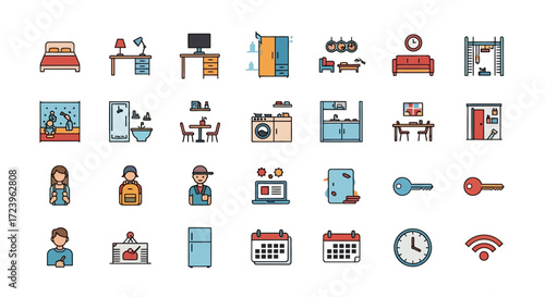 Collection of colorful hotel and accommodation related icons.
