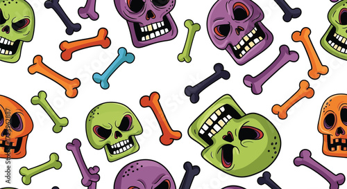 Seamless pattern featuring colorful skulls and bones halloween festive design for wrapping paper and decoration