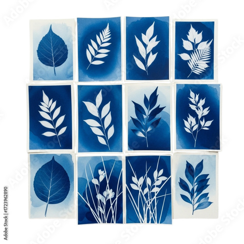 A beautiful collection of botanical cyanotype sun prints featuring various leaf and grass silhouettes, isolated on a white background