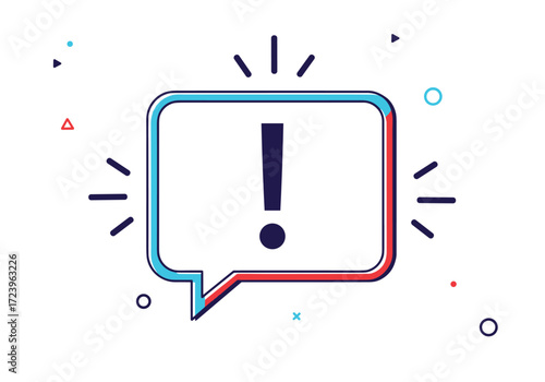 An exclamation mark in a speech bubble with radiating lines and confetti around it.