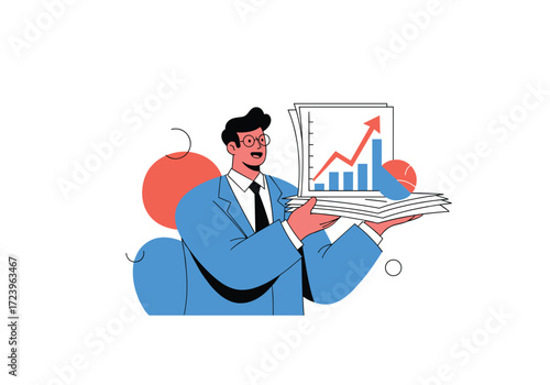 A businessman presents a growing financial chart with an upward trending arrow.