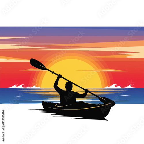 Kayak silhouette against a stunning sunset, perfect for adventure travel campaigns and conveying the thrill of outdoor water sports escapades