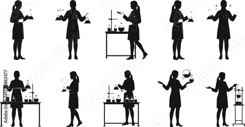 scientist, researcher, laboratory, experiment, chemistry, science, professional, lab coat, flask, beaker, test tube, distillation, icon, vector, illustration