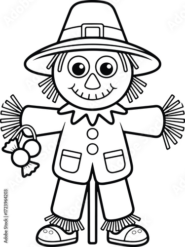 Cute scarecrow holding candy ready for coloring
