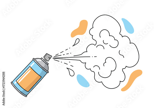 Aerosol spray can emitting a cloud of mist and droplets.