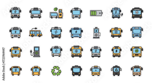 Collection of electric bus icons and related symbols for eco-friendly transport.