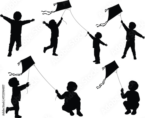 Silhouettes of a child playing with a kite, representing joy, freedom, and innocence in a playful outdoor activity.