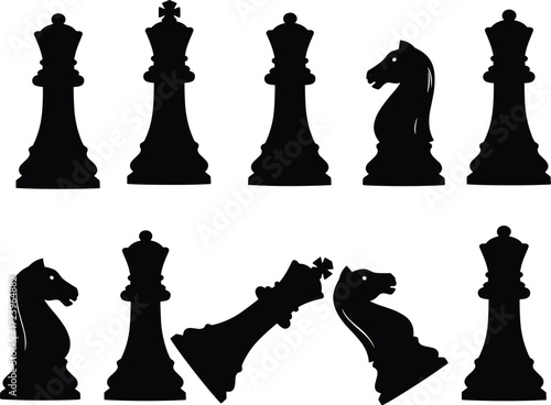 Silhouettes of a chess king, queen, and other pieces, some toppled, symbolizing strategy, power, and victory in the game.