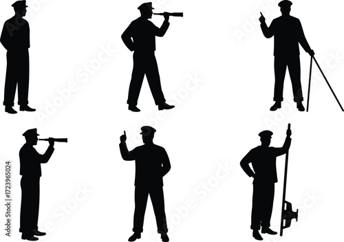 Silhouettes of a sea captain in various poses, including looking through binoculars and holding a spyglass or ship's wheel.