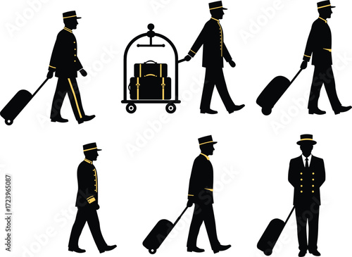 Silhouettes of hotel bellhops and porters assisting with luggage, showcasing luxury travel and hospitality service.