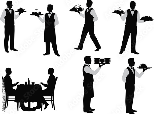 Silhouettes of a waiter serving food, carrying trays, and attending to restaurant customers in a fine dining environment.