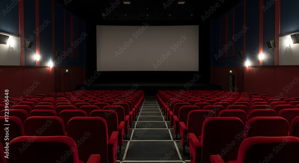 Fototapeta premium Empty Cinema Auditorium with Rows of Red Seats and Large Screen