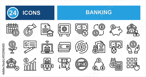Minimalist banking line icon set with editable stroke, featuring bank, savings, money, transactions, currency exchange, fraud, cash in transit, investment, and purchase in clean thin linear style.