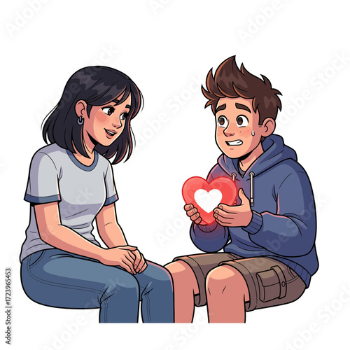 Young man nervously presents a heart-shaped gift to a delighted young woman, expressing budding romance and affection