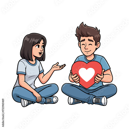 Young couple sitting cross-legged sharing a heart, symbolizing love and connection