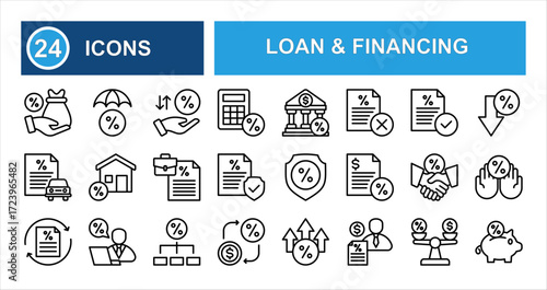 Minimalist loan & financing line icon set with editable stroke, featuring mortgage, bank, calculator, car, deposit, loan, applicant, interest rate, and payday loan in clean thin linear style.