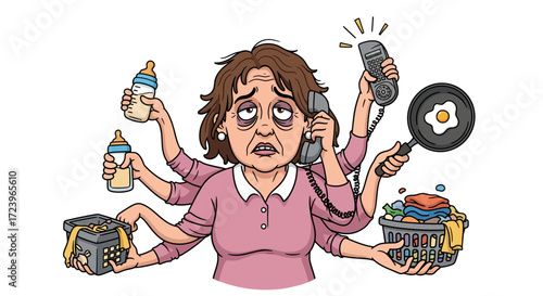 Overwhelmed Mom Juggling Multiple Tasks A Busy Day's Illustration