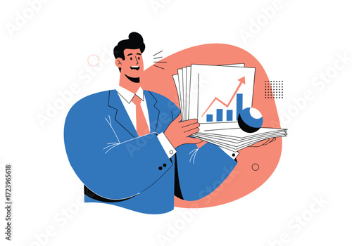 Man in suit holding financial reports with growing charts.