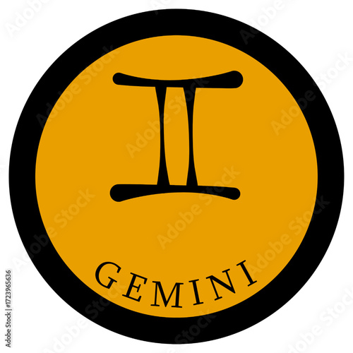 Circle with the zodiac sign Gemini. Gemini sign in an orange circle with a black rough border. Under the circle the inscription Gemini.