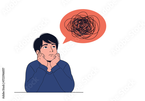A young man contemplating a confused thought bubble.