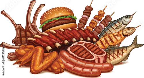 Grilled Meat Feast with Ribs, Steak, Burger, Sausages, Chicken Wings, Lamb Chops, Skewers, and Fish – BBQ Food Illustration