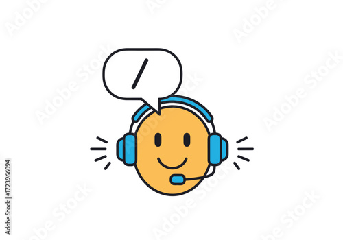 An illustration of a happy yellow face wearing headphones and a microphone speaking into a speech bubble.