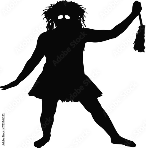 Silhouette of Masked Folk Dance Performer Isolated Vector Illustration, Minimal Line Drawing of Traditional Cultural Dance, Hand Drawn Ethnic Festival Dance Outline, Folk Dance Performance Line Art 