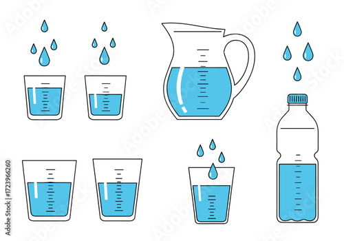 Measuring liquids in different containers illustrating volume.