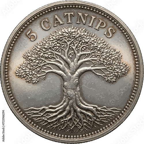 Silver coin with tree of life and catnip inscription