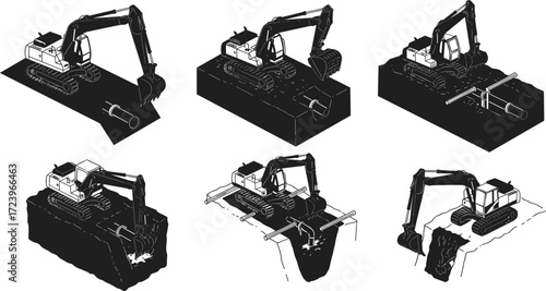 Heavy excavator construction machinery digging trench pipeline installation industrial earthmoving equipment working site silhouette engineering vector illustration design