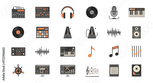 Collection of music production and audio recording equipment icons.