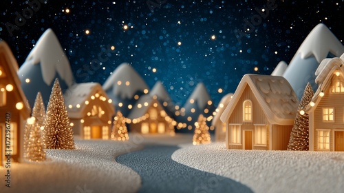 Charming Winter Holiday Scene – Enchanting Winter Wonderland with Snowy Houses and Twinkling Lights perfect for greeting cards, seasonal ads, and festive packaging