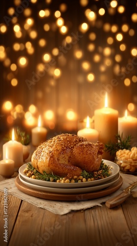 Rustic Holiday Dinner Setting – Festive Roast Chicken with Herbs and Candles in Cozy Ambiance excellent for culinary visuals, magazines, or holiday promos