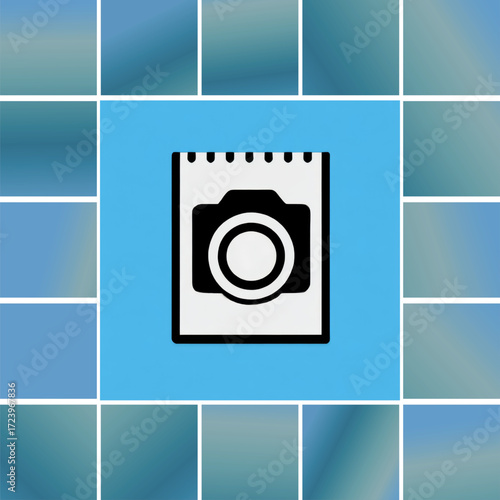 Camera icon on notepad illustration, black and white, photography and content creation, with copy space