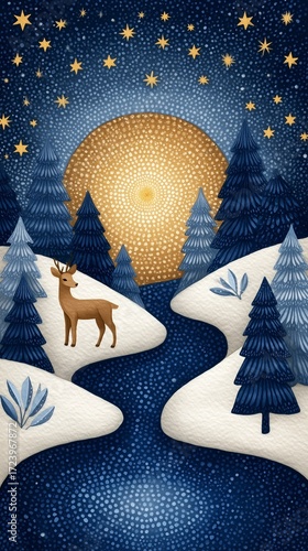 Magical Snowy Forest Landscape – Enchanting Night Forest with Deer and Starry Sky ideal for winter prints, storybooks, or nature campaigns