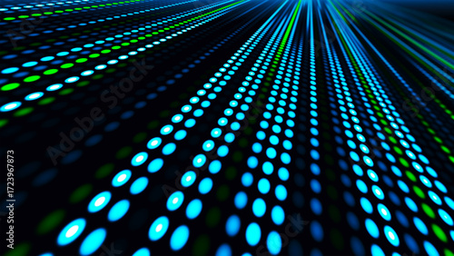 Digital flow. Light dynamics and pixel energy. The illustration shows a bright LED panel where bright multi-colored stripes create the effect of movement and energy. Vector illustration.