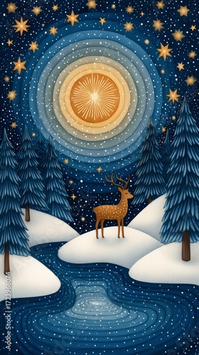Magical Snowy Forest Landscape – Enchanting Winter Night with Deer and Starry Sky in a Magical Forest ideal for winter prints, storybooks, or nature campaigns