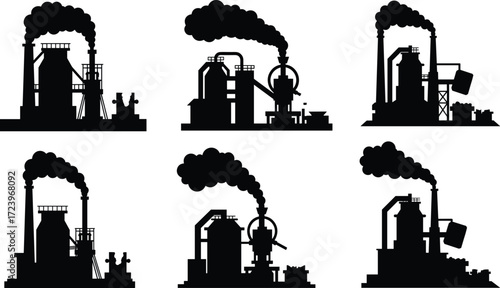 Industrial factory silhouette illustration with chimneys, smoke pollution, steel plant icons, energy production, manufacturing buildings, heavy industry design set