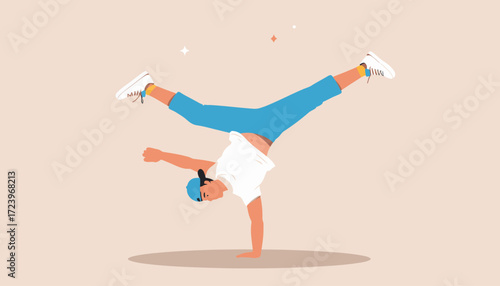 A stylized illustration depicting a person performing a handstand breakdance move with dynamic energy.