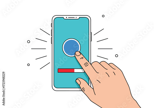 Finger touching a blue circle on a smartphone screen and a loading bar.