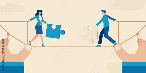 Business people balancing on a tightrope carrying puzzle pieces to connect them