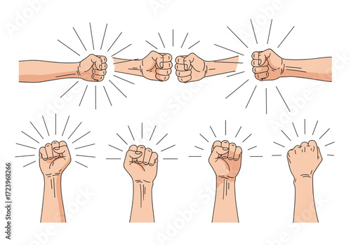 Hands showing fist bump and raised fist gestures representing unity and strength.