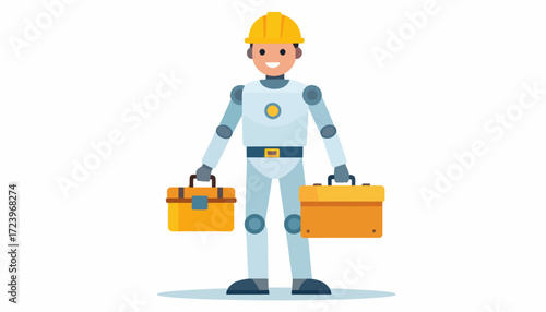 A smiling robot construction worker carries two toolboxes, ready for work.