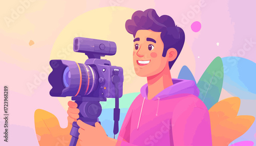 Smiling young man films with professional camera on tripod, vibrant background.