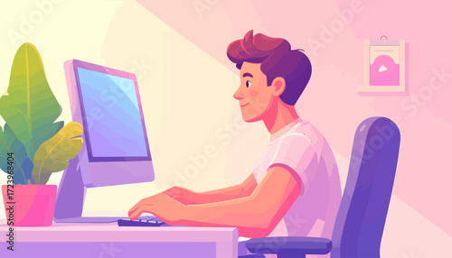 Man Working at a Computer in a Home Office Flat Vector Illustration