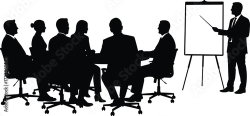 Business meeting silhouette, corporate presentation, teamwork discussion, office conference, professional communication, flip chart training, leadership, strategy planning