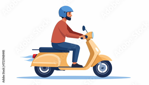 Man riding a yellow scooter with helmet, flat vector illustration of transport and travel