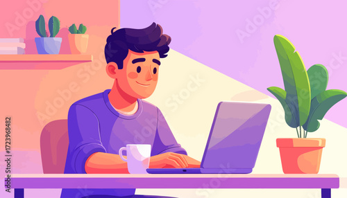 Young Man Working at Home on a Laptop, Illustration Depicting Remote Work and Productivity